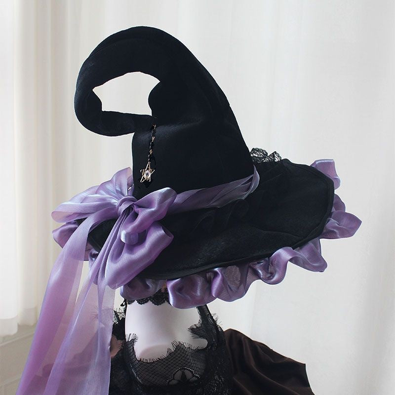 Ruffled Brim Witch Hat With Long Bow Tails - Purple