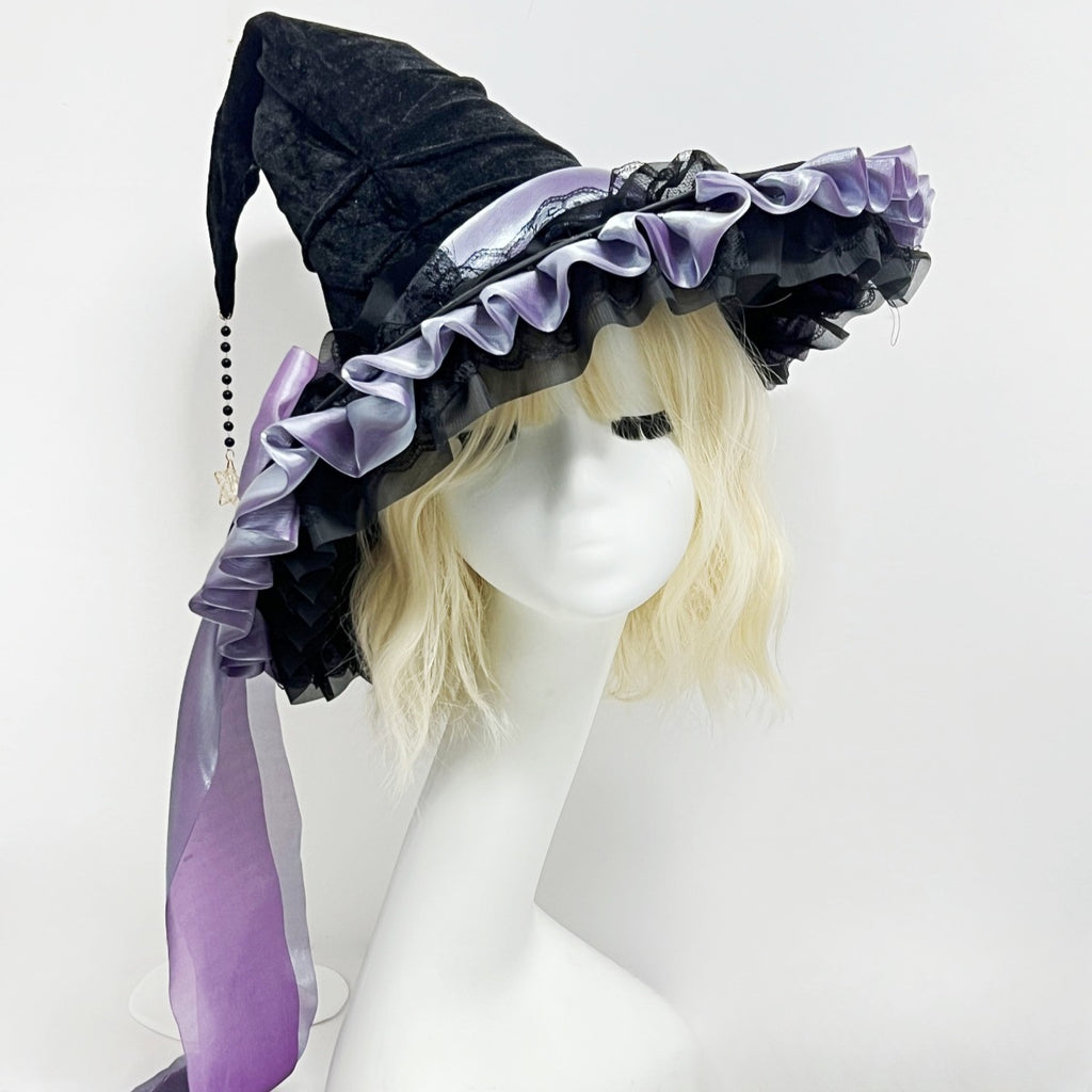 Ruffled Brim Witch Hat With Long Bow Tails - Purple - 1