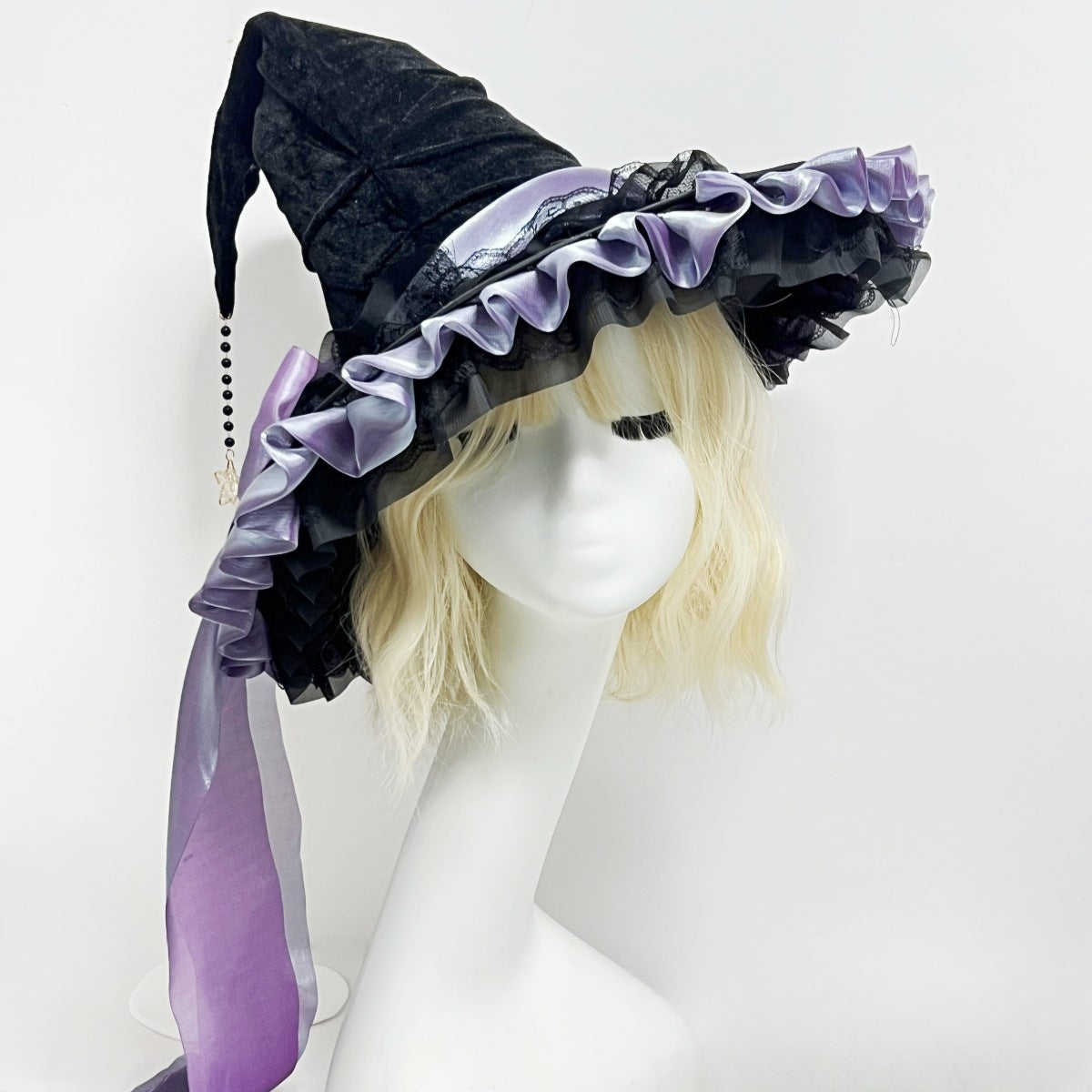 Ruffled Brim Witch Hat With Long Bow Tails - Purple - 1