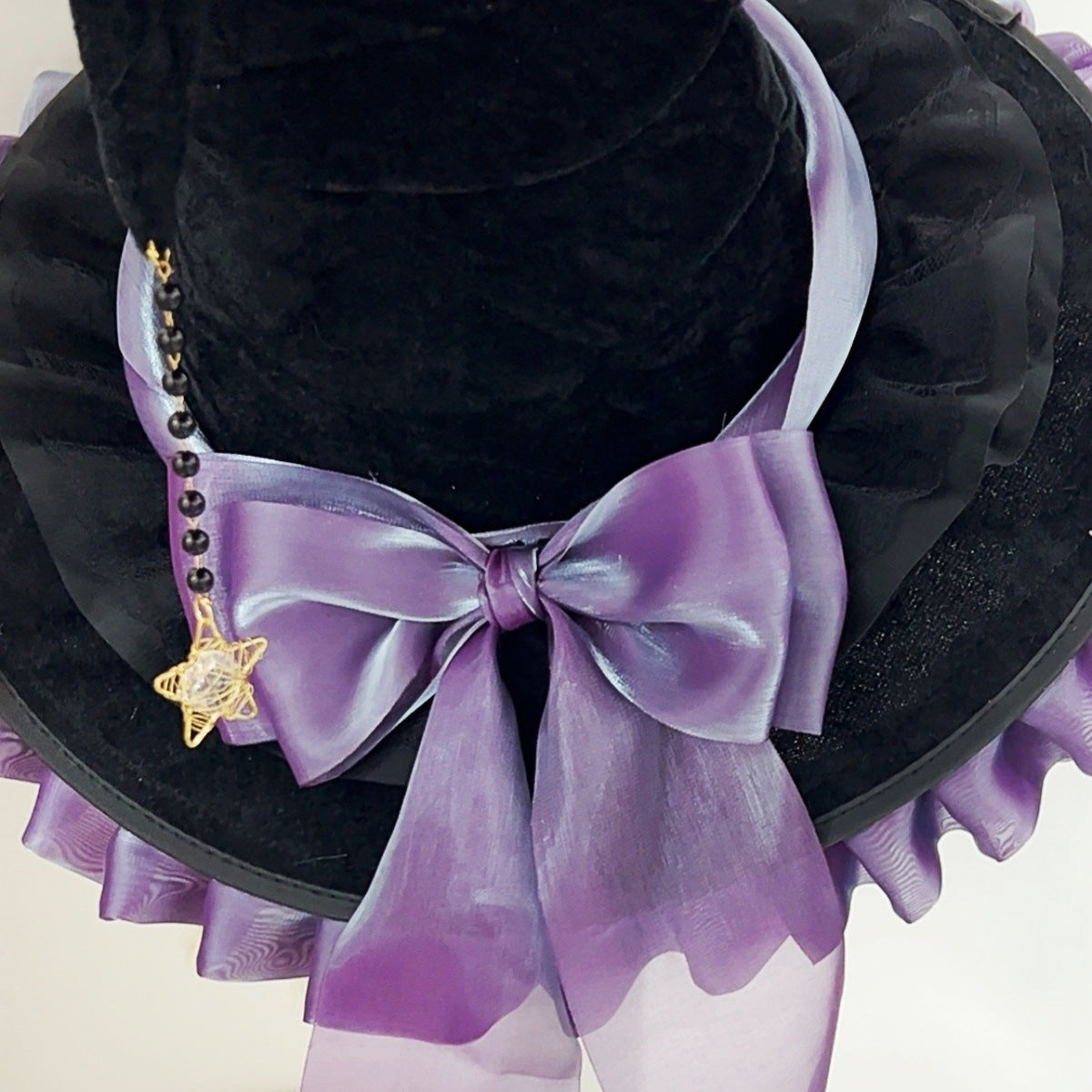 Ruffled Brim Witch Hat With Long Bow Tails - Purple - 2