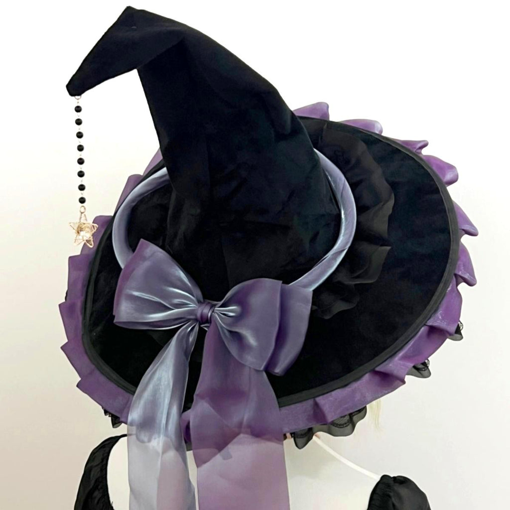 Ruffled Brim Witch Hat With Long Bow Tails - Purple - 3