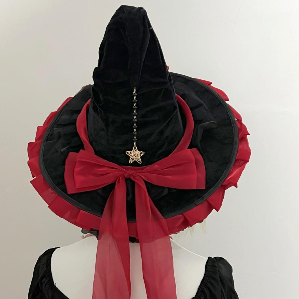 Ruffled Brim Witch Hat With Long Bow Tails - Red