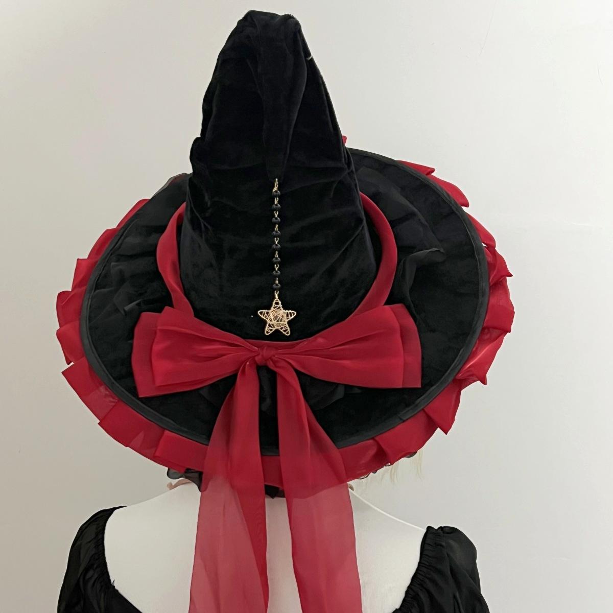 Ruffled Brim Witch Hat With Long Bow Tails - Red