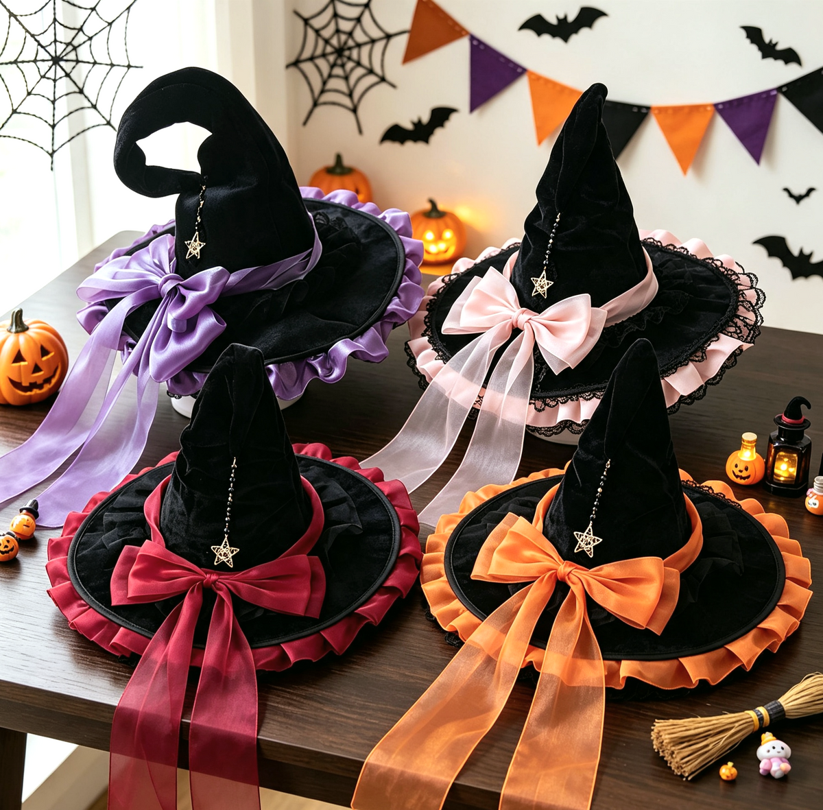 Ruffled Brim Witch Hat With Long Bow Tails