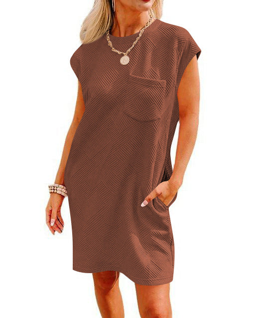 Textured Knit Pocket T-Shirt Dress - Caramel