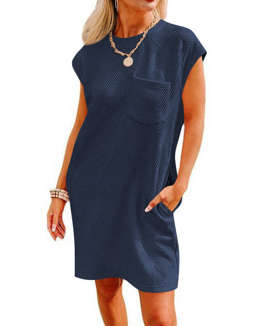 Textured Knit Pocket T-Shirt Dress - NavyBlue