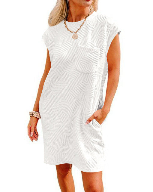 Textured Knit Pocket T-Shirt Dress - White