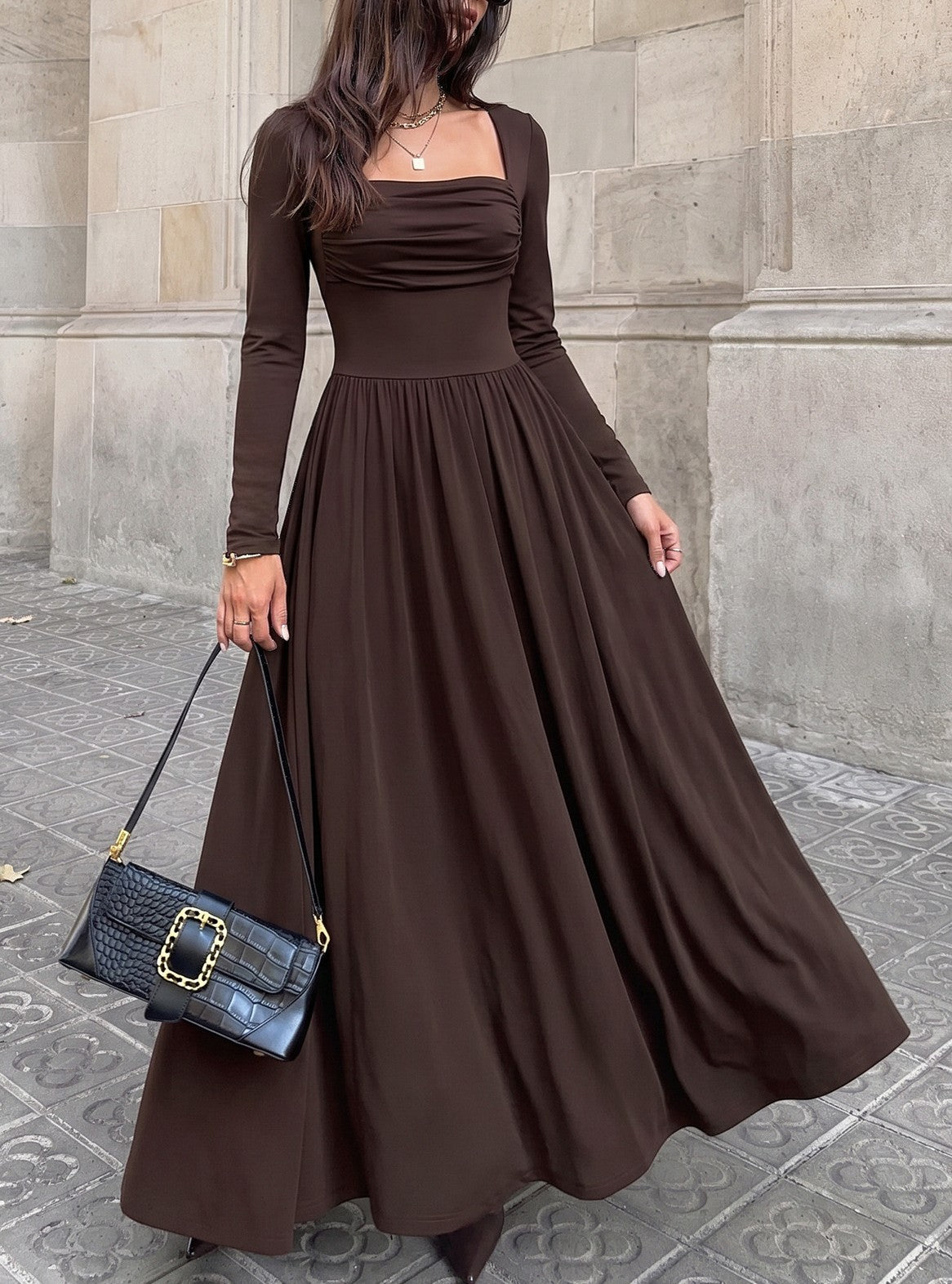 Long Sleeve Square Neck Maxi Dress with Ruched Bodice - Coffee