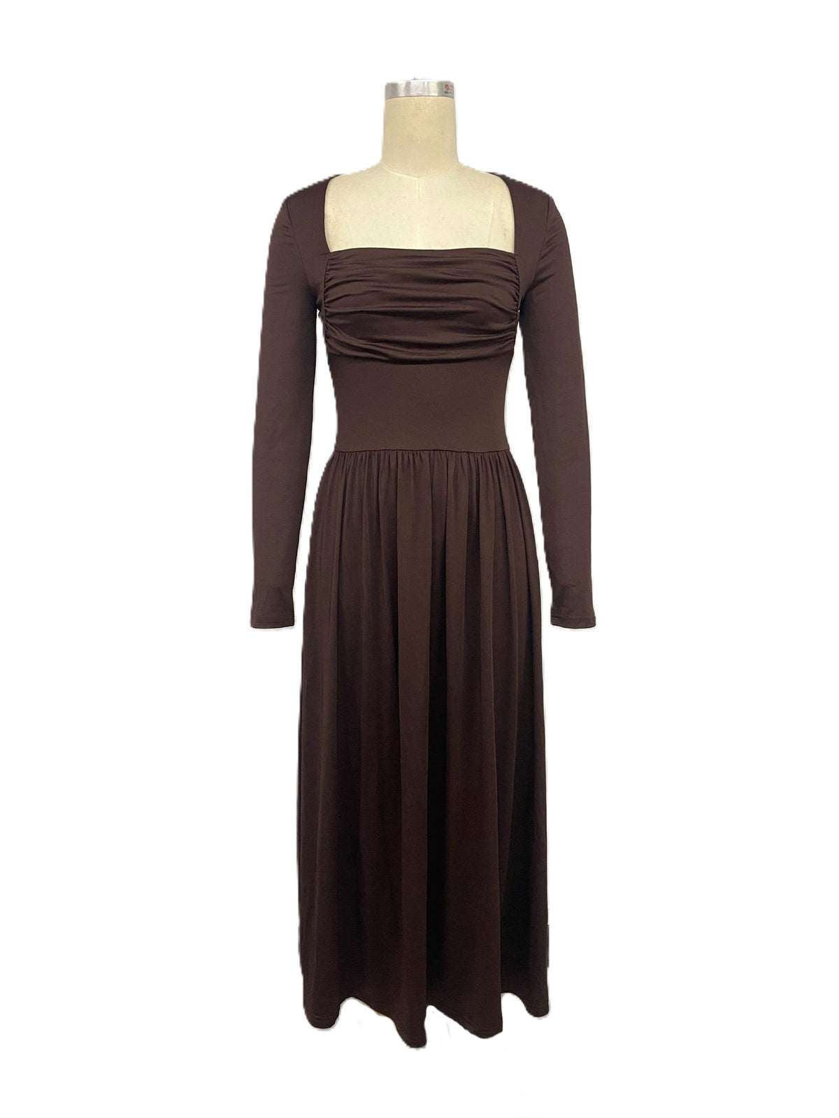 Long Sleeve Square Neck Maxi Dress with Ruched Bodice - Coffee - 1
