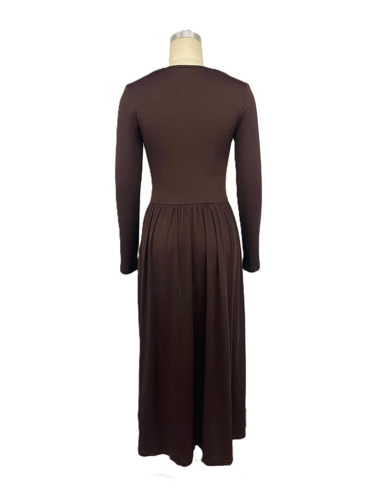 Long Sleeve Square Neck Maxi Dress with Ruched Bodice - Coffee - 2