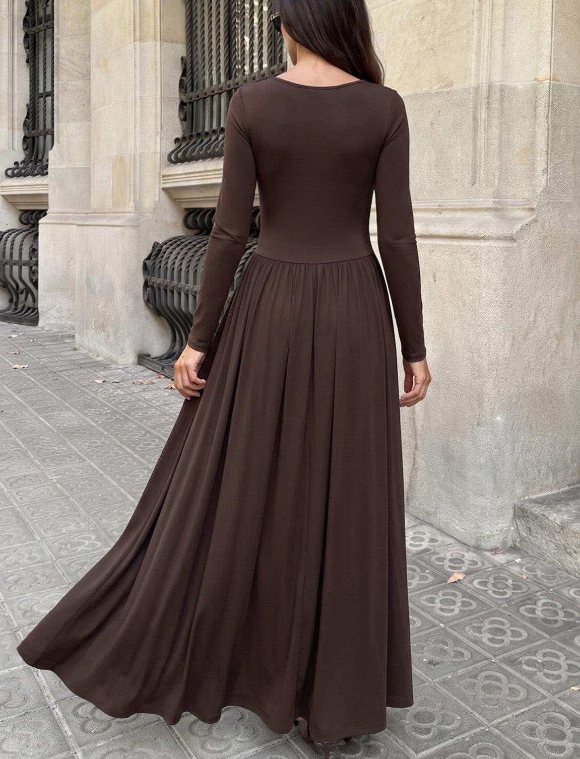 Long Sleeve Square Neck Maxi Dress with Ruched Bodice - Coffee - 4