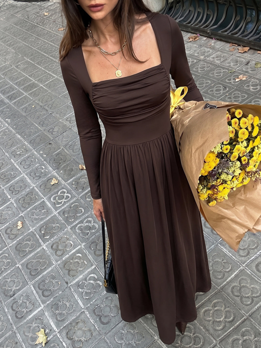 Long Sleeve Square Neck Maxi Dress with Ruched Bodice - Coffee - 5