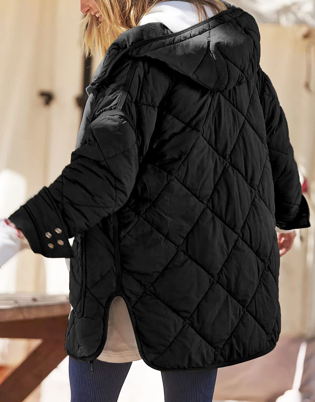 Diamond Quilted Hooded Puffer Jacket - Black
