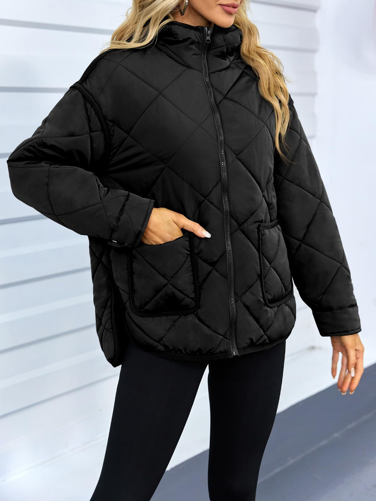 Diamond Quilted Hooded Puffer Jacket - Black - 1