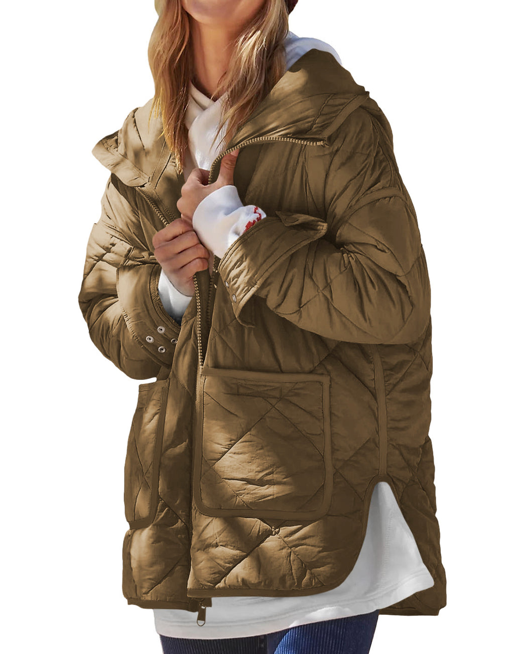 Diamond Quilted Hooded Puffer Jacket - Brown