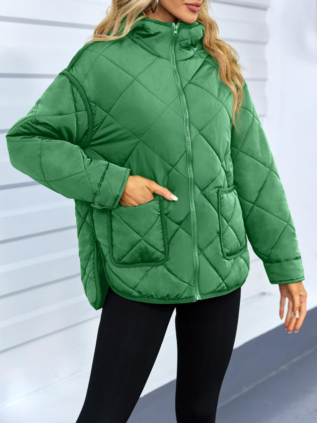 Diamond Quilted Hooded Puffer Jacket - Green - 2
