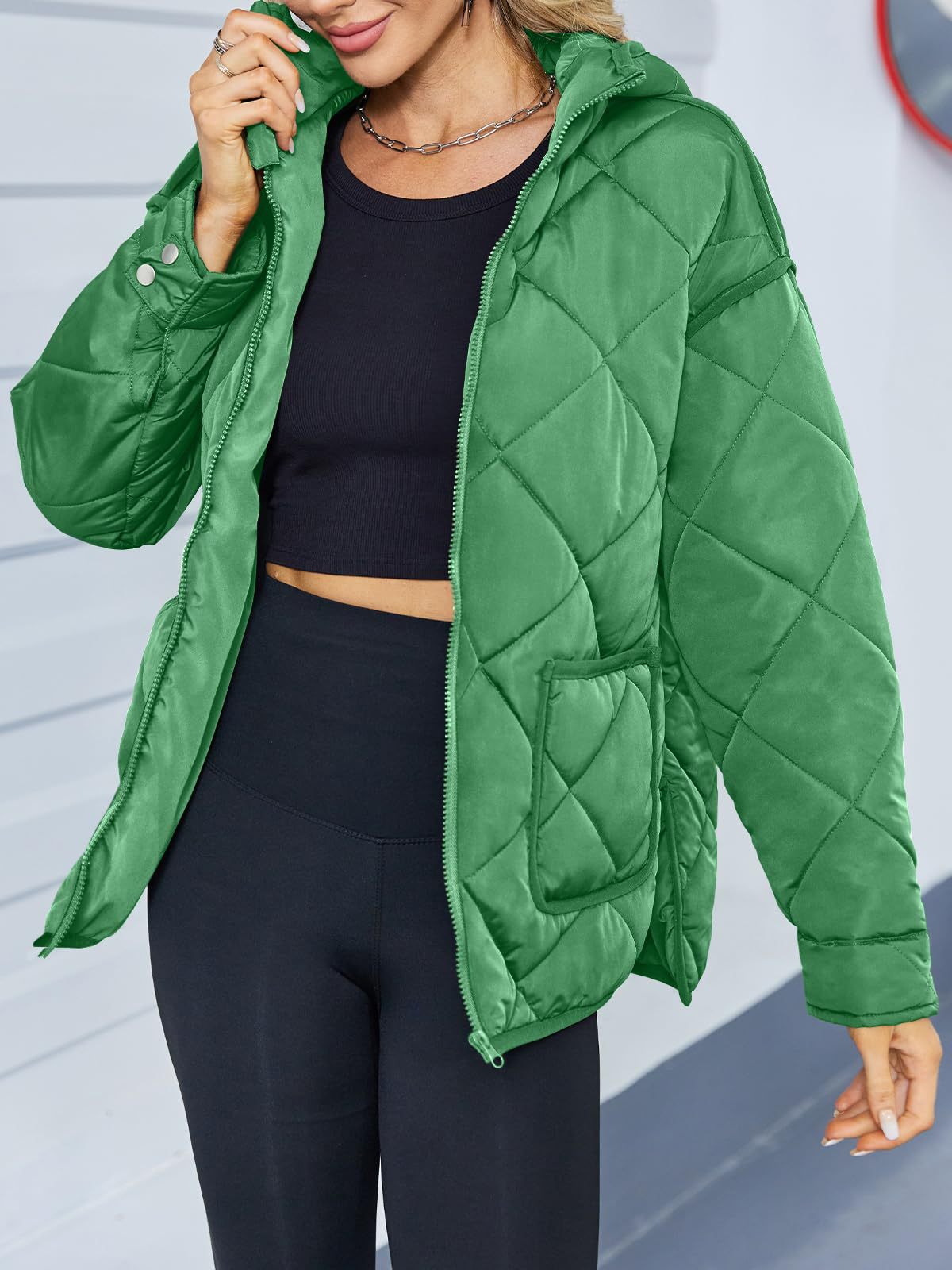 Diamond Quilted Hooded Puffer Jacket - Green - 3