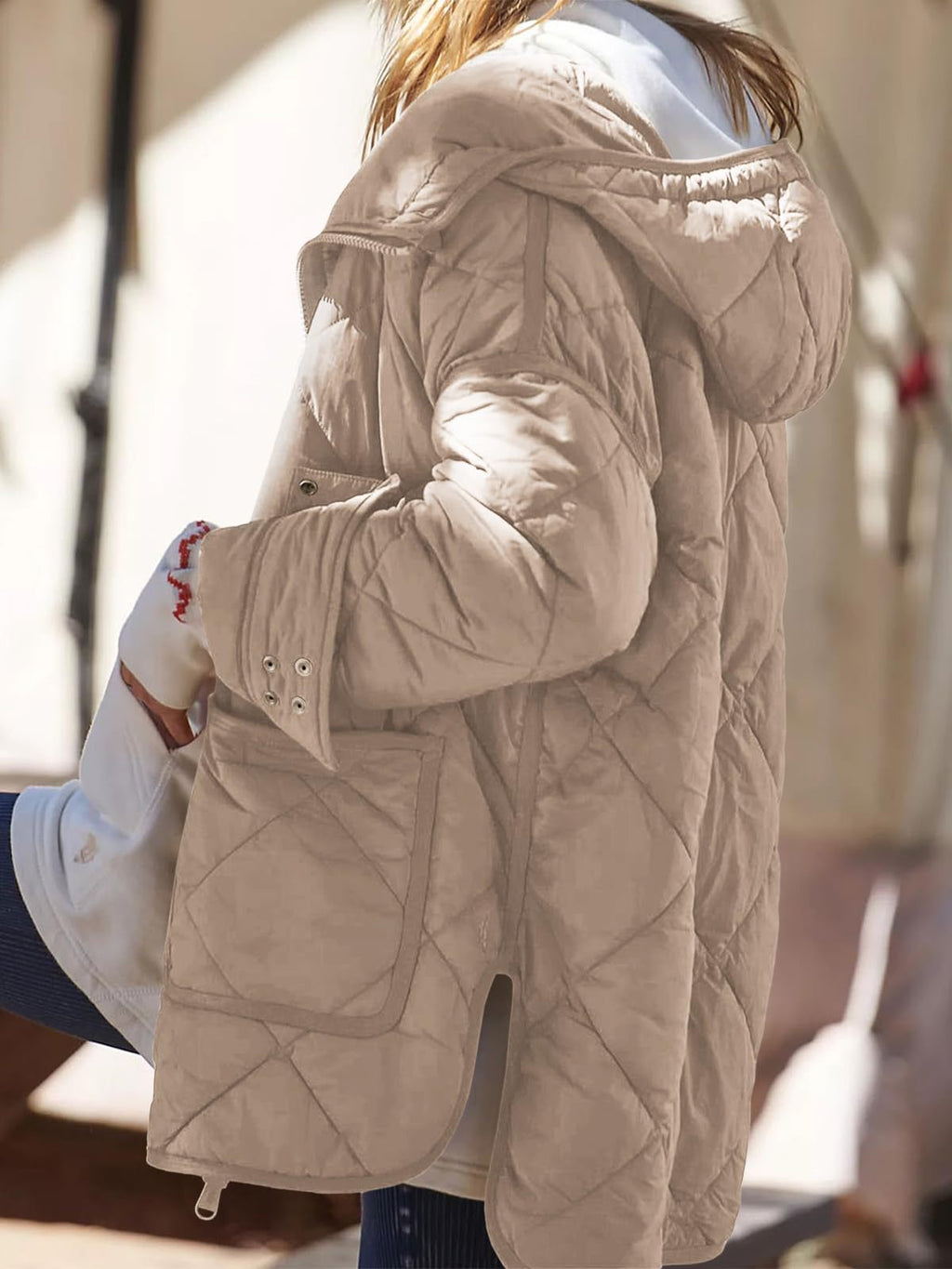 Diamond Quilted Hooded Puffer Jacket - Taupe - 1
