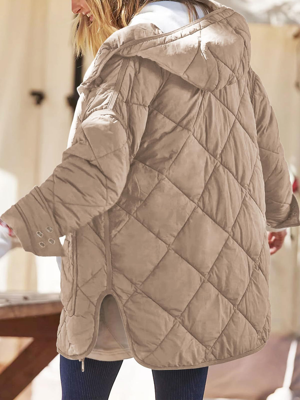 Diamond Quilted Hooded Puffer Jacket - Taupe - 2