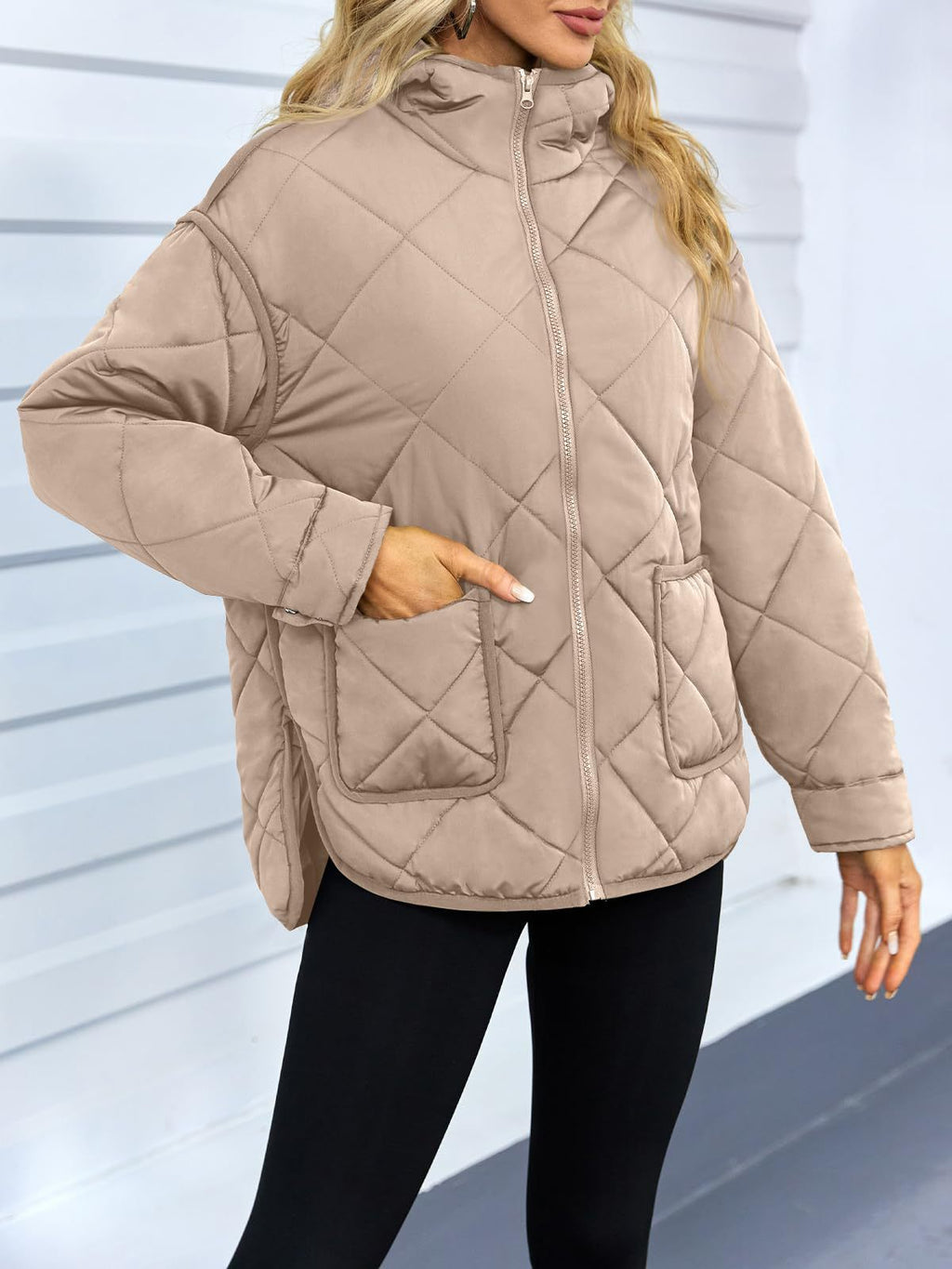 Diamond Quilted Hooded Puffer Jacket - Taupe - 3