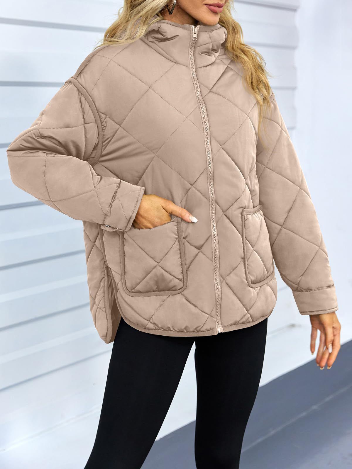 Diamond Quilted Hooded Puffer Jacket - Taupe - 3