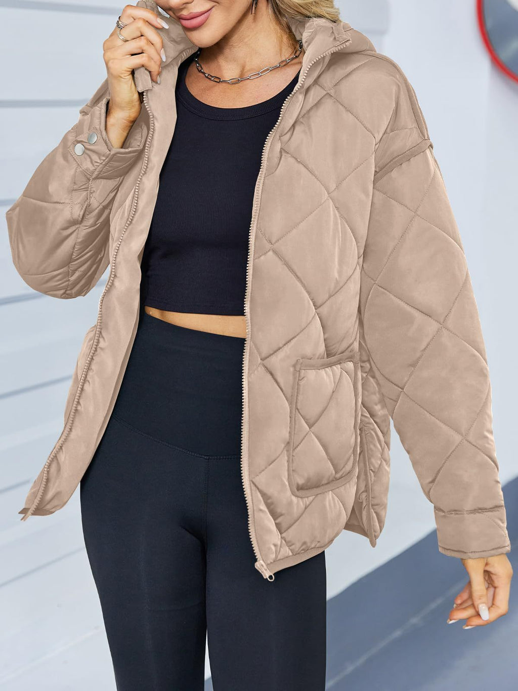Diamond Quilted Hooded Puffer Jacket - Taupe - 4