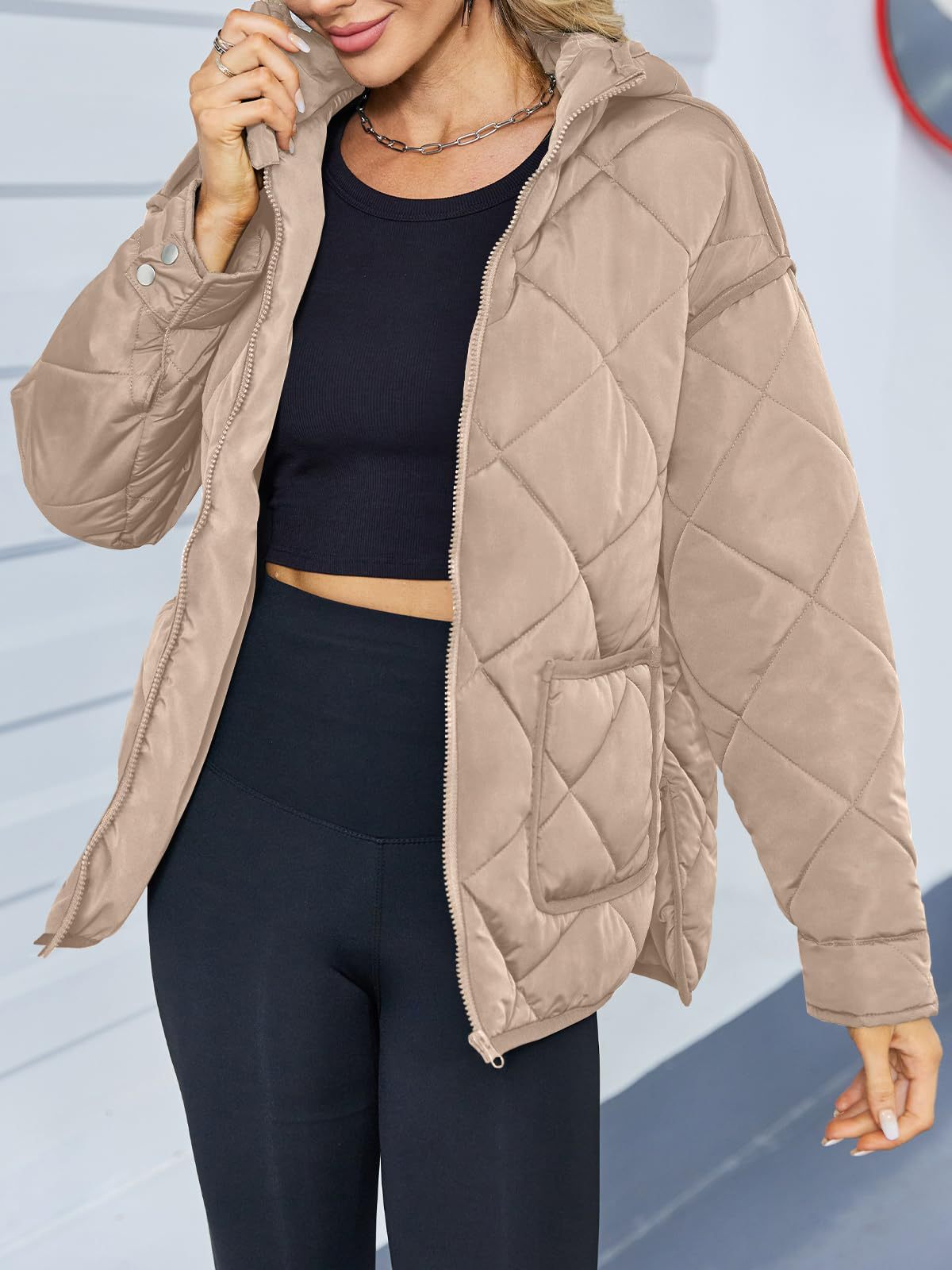 Diamond Quilted Hooded Puffer Jacket - Taupe - 4