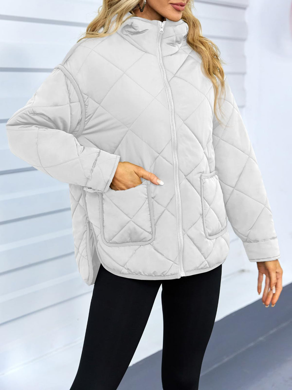 Diamond Quilted Hooded Puffer Jacket - White - 3