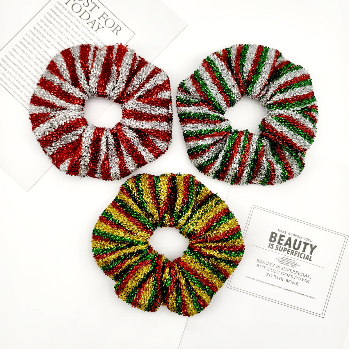 Metallic Stripe Glitter Holiday Scrunchie