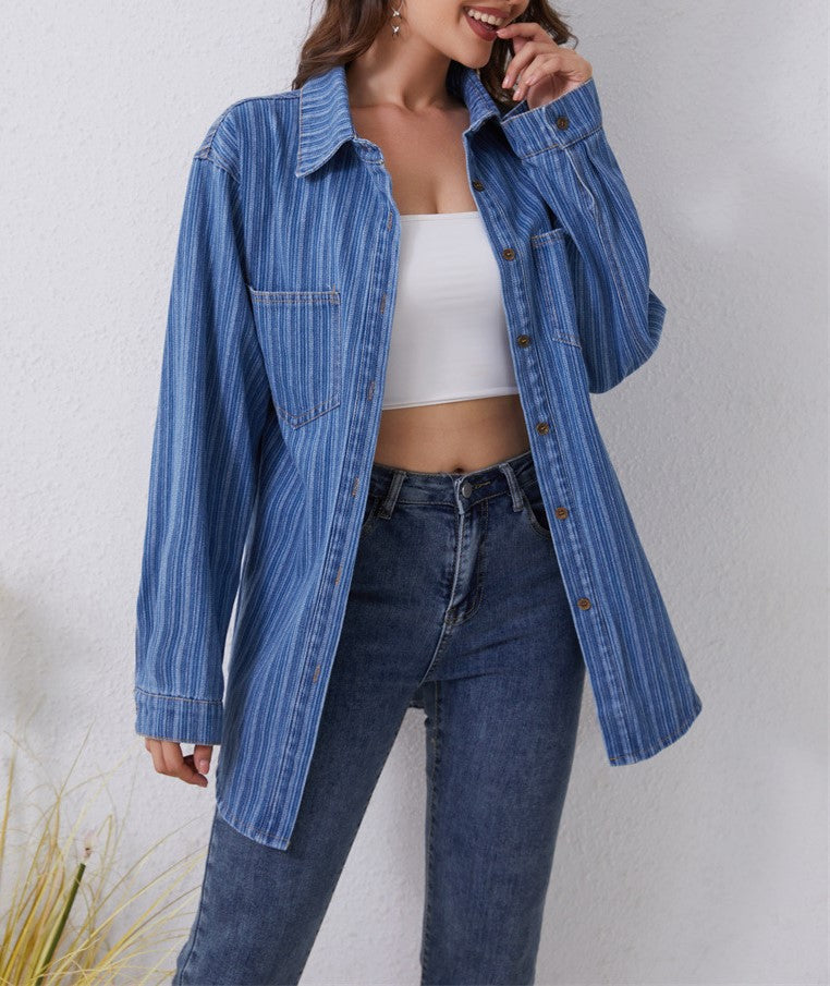 Striped Denim Oversized Button Down Shirt - Blue