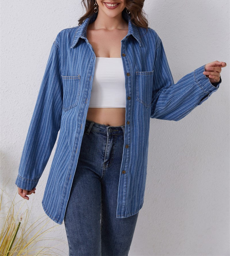 Striped Denim Oversized Button Down Shirt - Blue - 1
