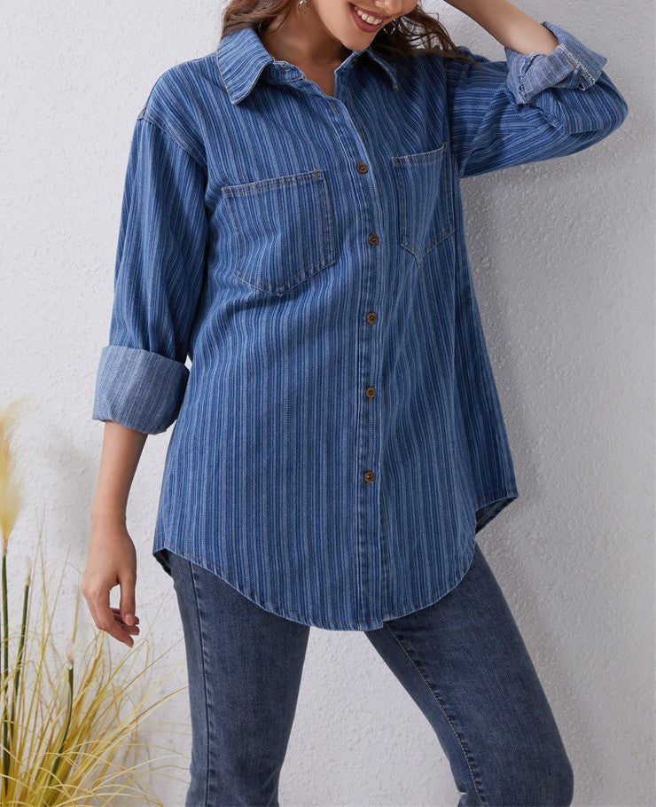 Striped Denim Oversized Button Down Shirt - Blue - 2