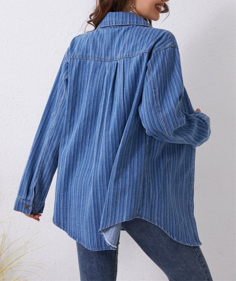 Striped Denim Oversized Button Down Shirt - Blue - 3