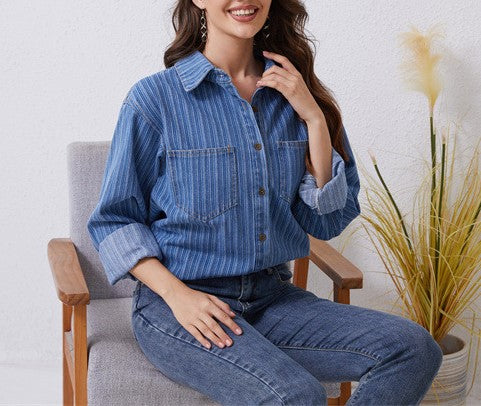 Striped Denim Oversized Button Down Shirt - Blue - 4