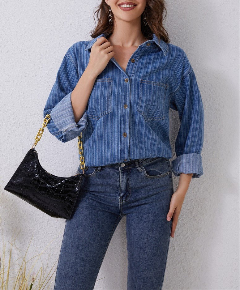 Striped Denim Oversized Button Down Shirt - Blue - 5