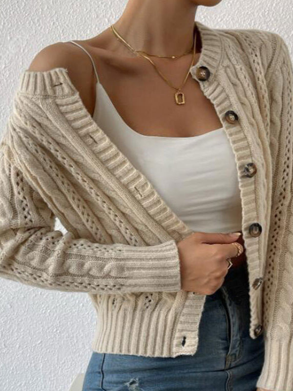 Cable Twist Knit Button Down Cardigan - Apricot - 1