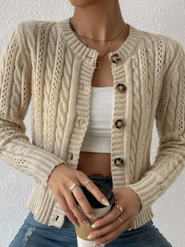Cable Twist Knit Button Down Cardigan - Apricot - 2