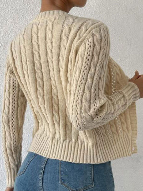 Cable Twist Knit Button Down Cardigan - Apricot - 3