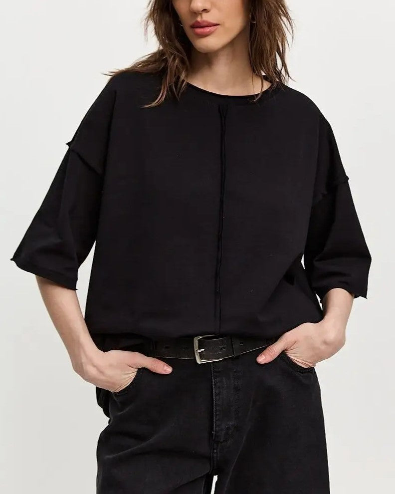 Oversized Half Sleeve Seam Detail Tee - Black
