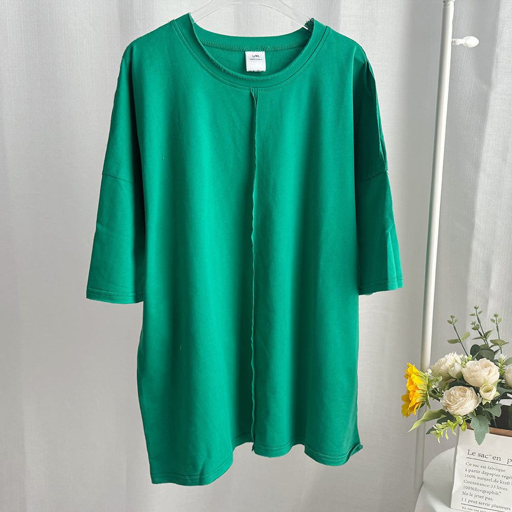 Oversized Half Sleeve Seam Detail Tee - DkGreen