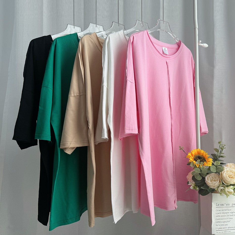 Oversized Half Sleeve Seam Detail Tee - DkGreen - 1