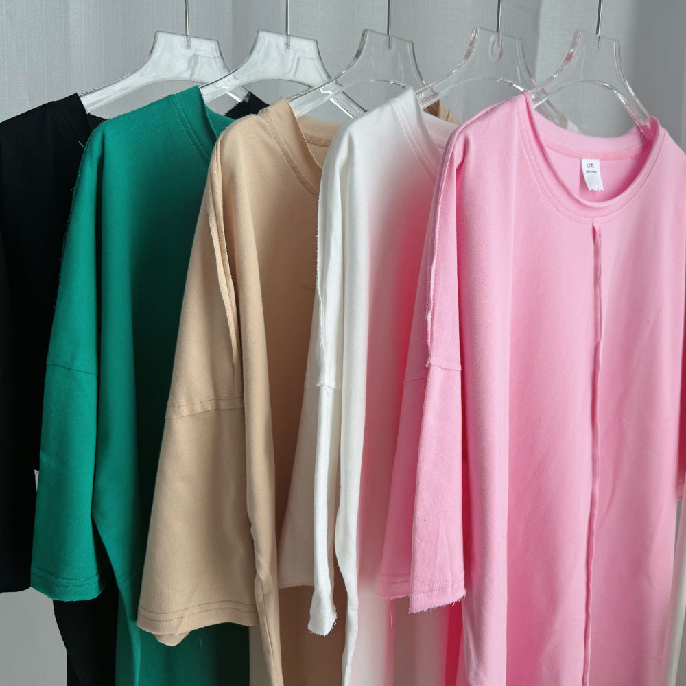 Oversized Half Sleeve Seam Detail Tee - DkGreen - 2