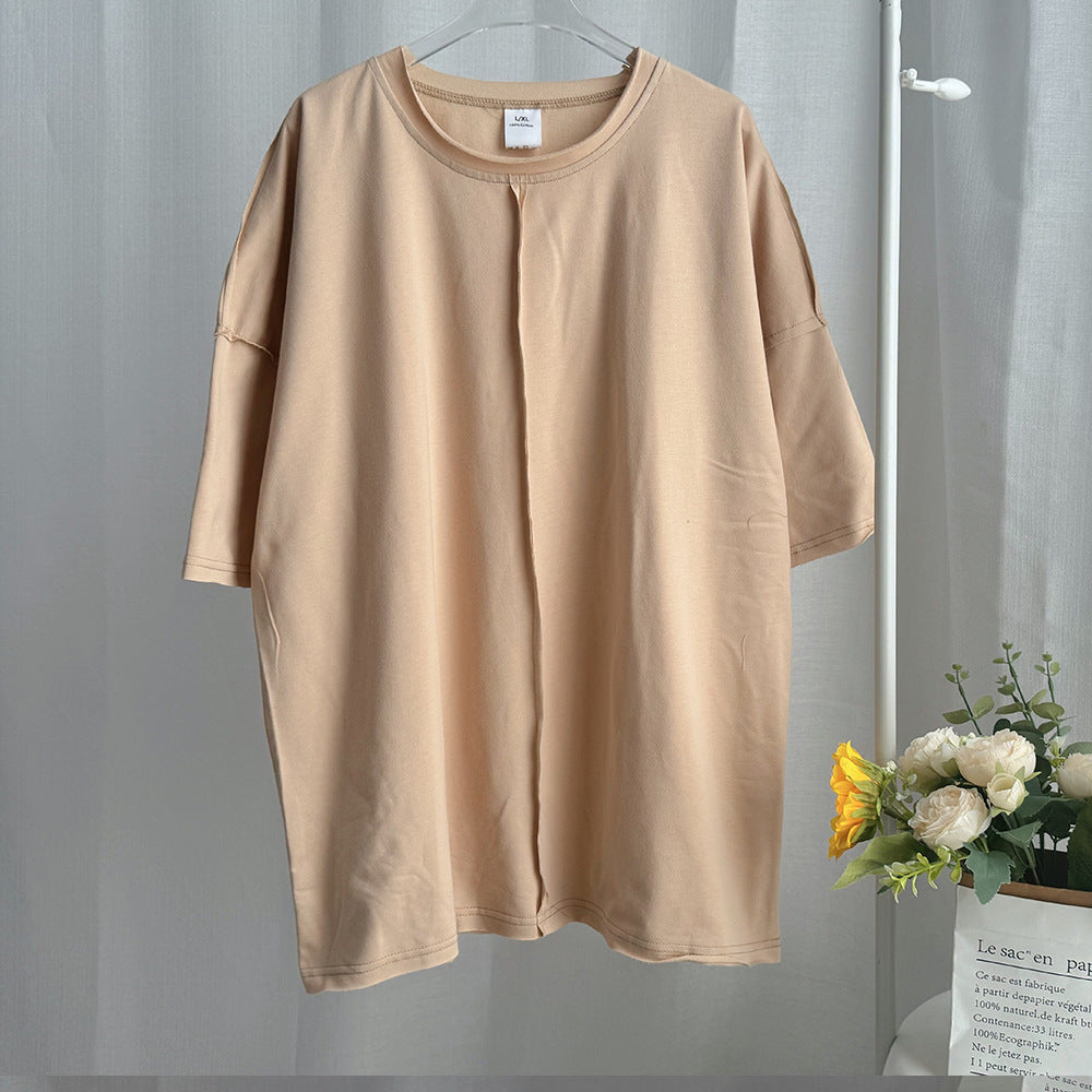 Oversized Half Sleeve Seam Detail Tee - Khaki