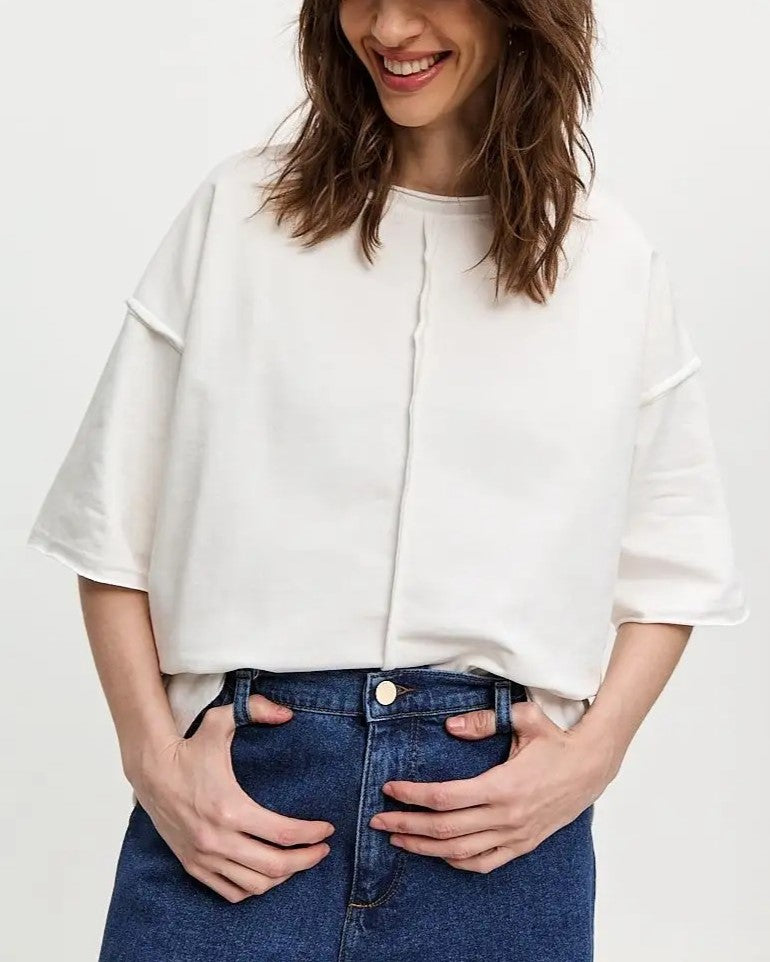 Oversized Half Sleeve Seam Detail Tee - White