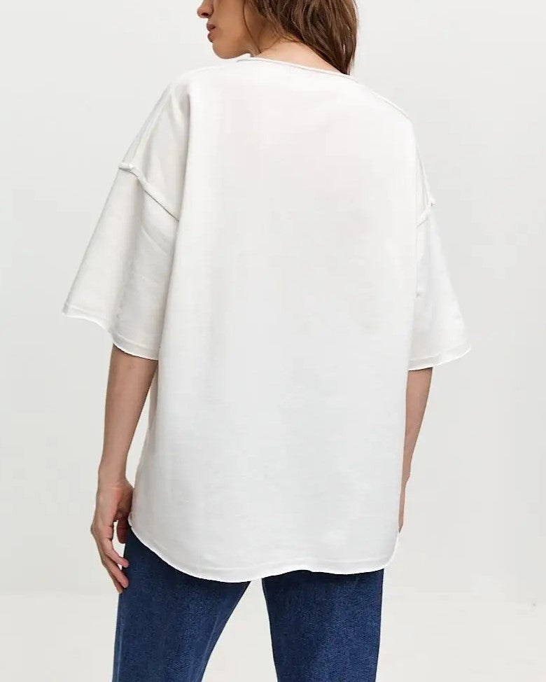 Oversized Half Sleeve Seam Detail Tee - White - 1