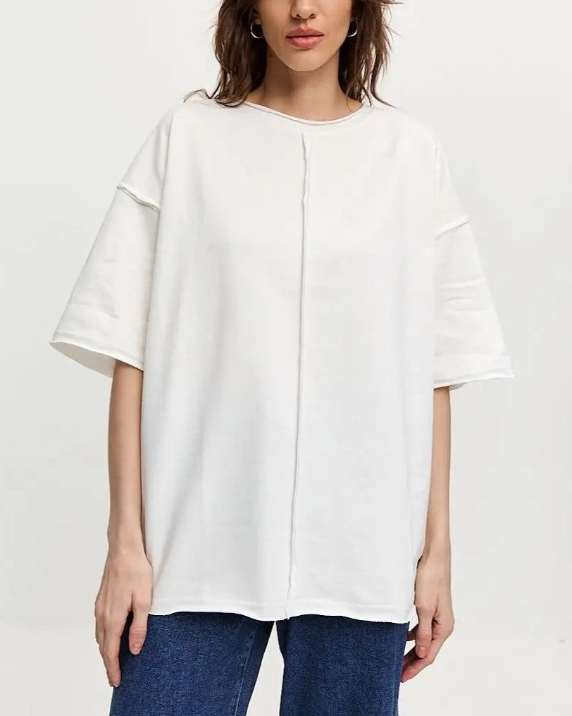 Oversized Half Sleeve Seam Detail Tee - White - 2