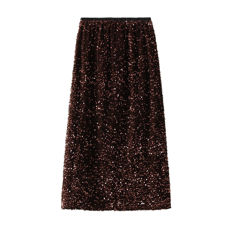 Textured Sequin Column Midi Skirt - Brown