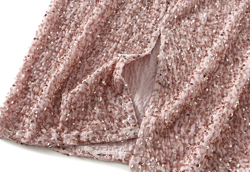 Textured Sequin Column Midi Skirt - Pink - 4