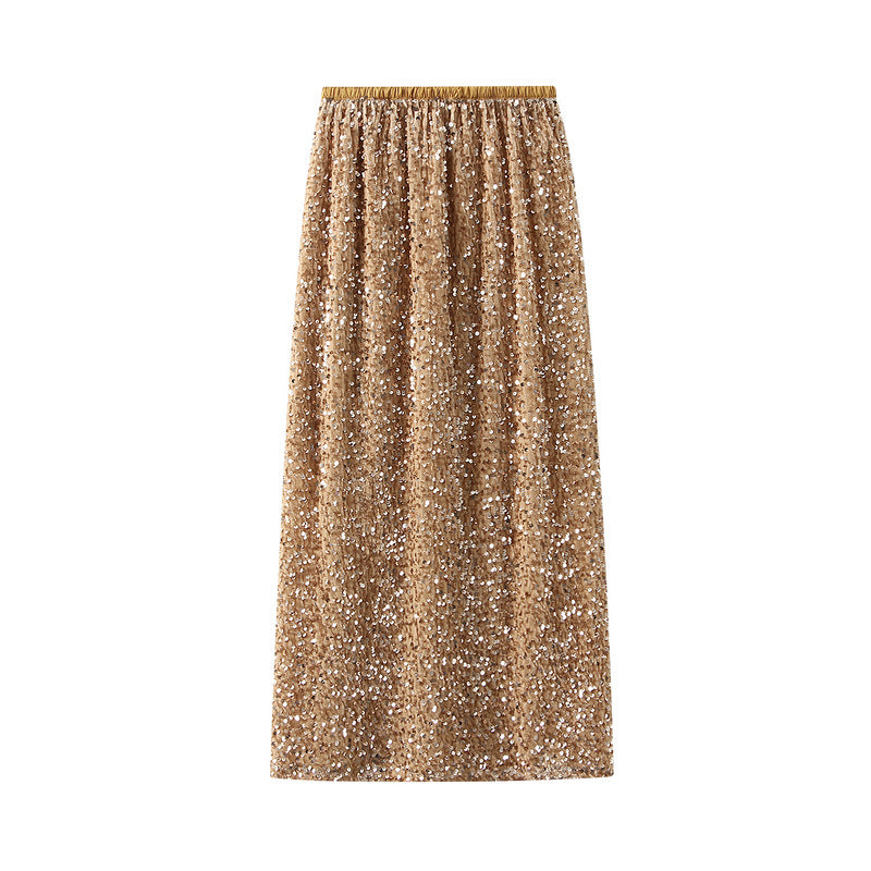 Textured Sequin Column Midi Skirt - beige
