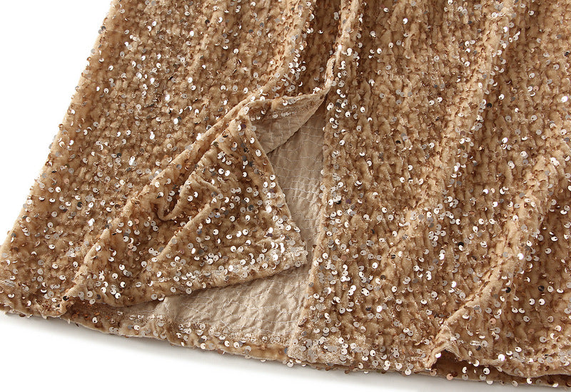 Textured Sequin Column Midi Skirt - beige - 3